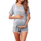 Pregnant Women Solid Color Round Neck Short Sleeves Breastfeeding Postpartum Nursing Top T-shirt